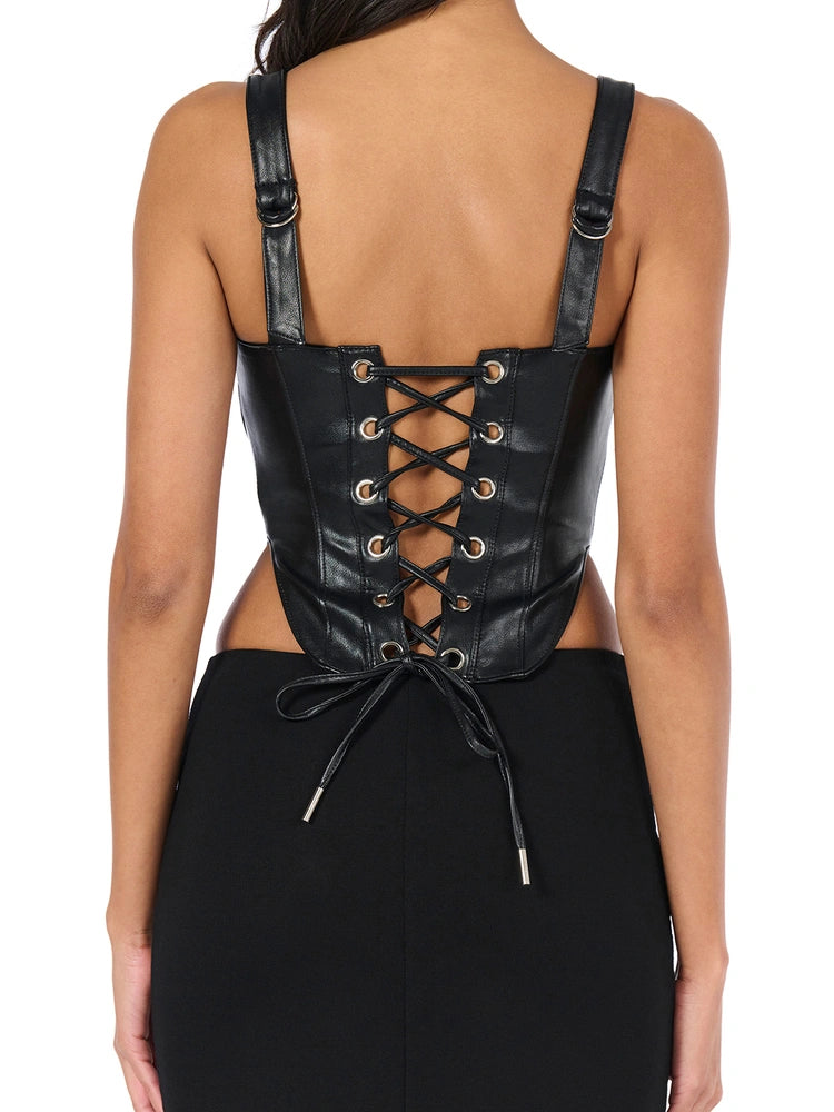 BLACK Vegan Leather Zip Up Corset Top