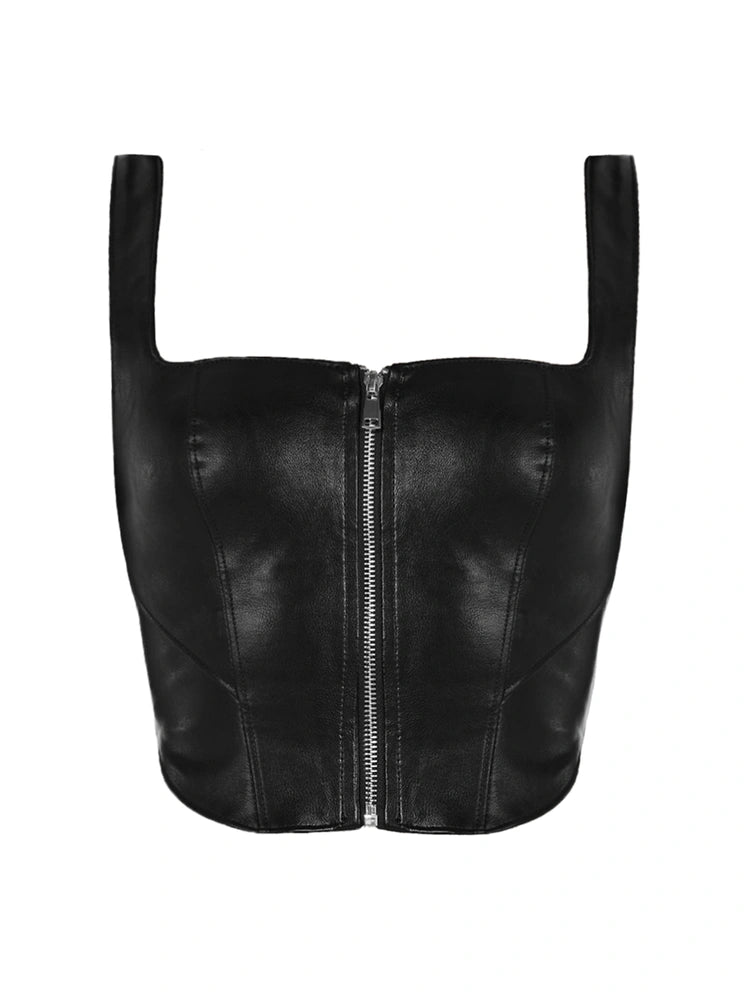 BLACK Vegan Leather Zip Up Corset Top