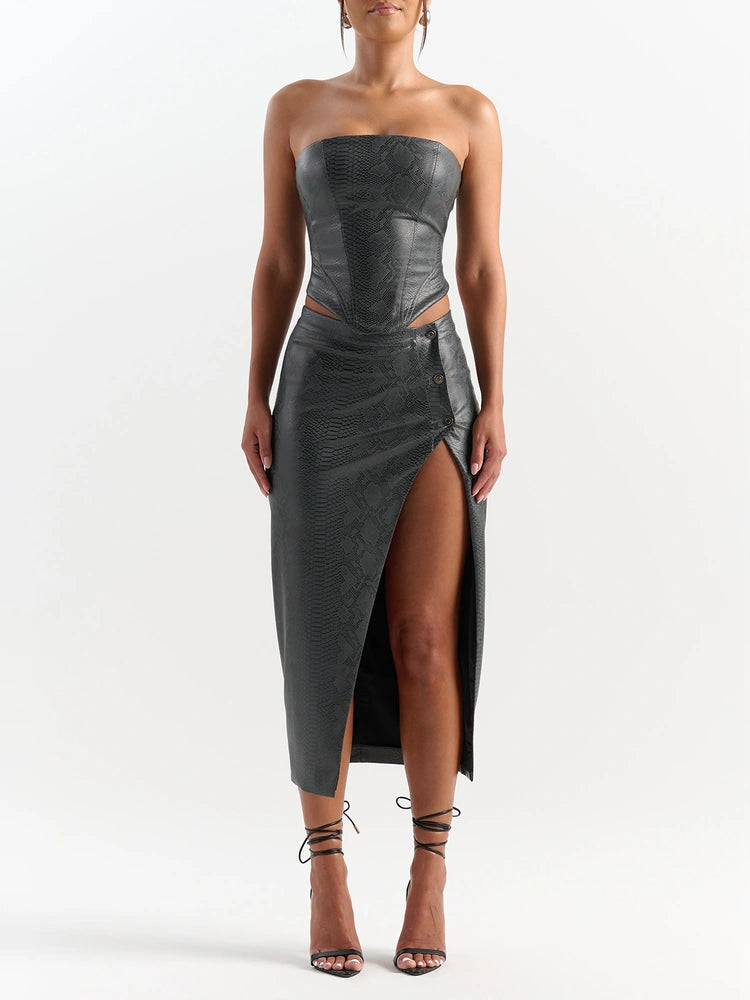 Dark Grey Snake Body Midi Skirt