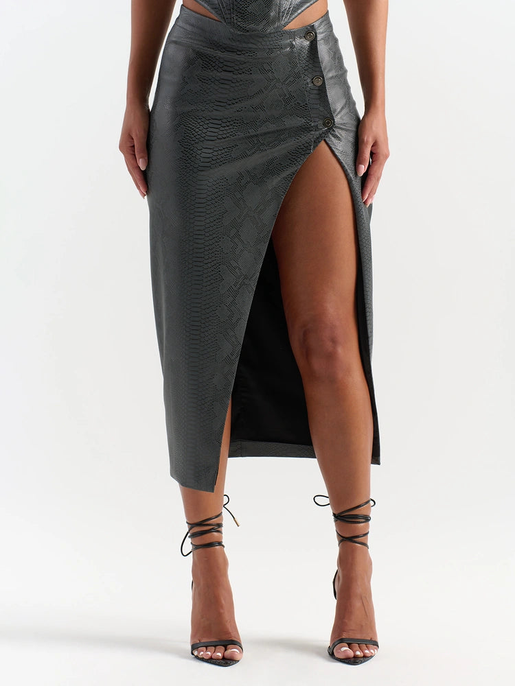 Dark Grey Snake Body Midi Skirt