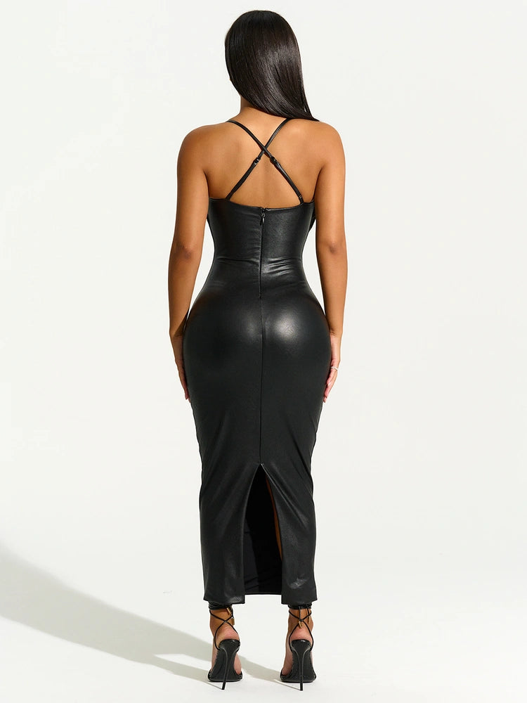 Black Leather Cross Back Dress