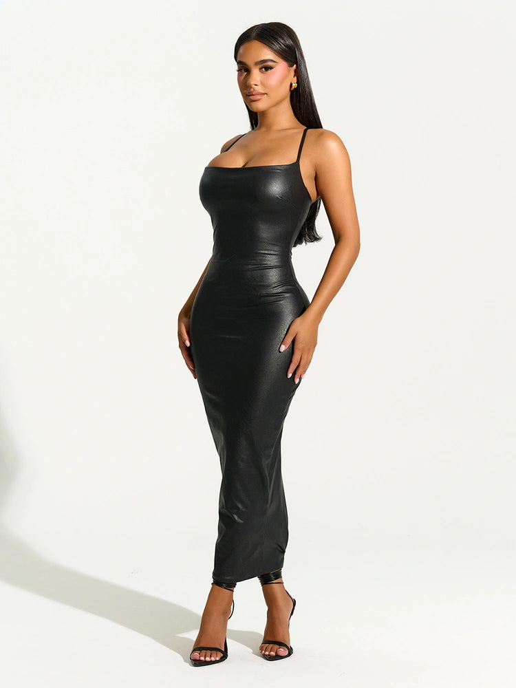 Black Leather Cross Back Dress