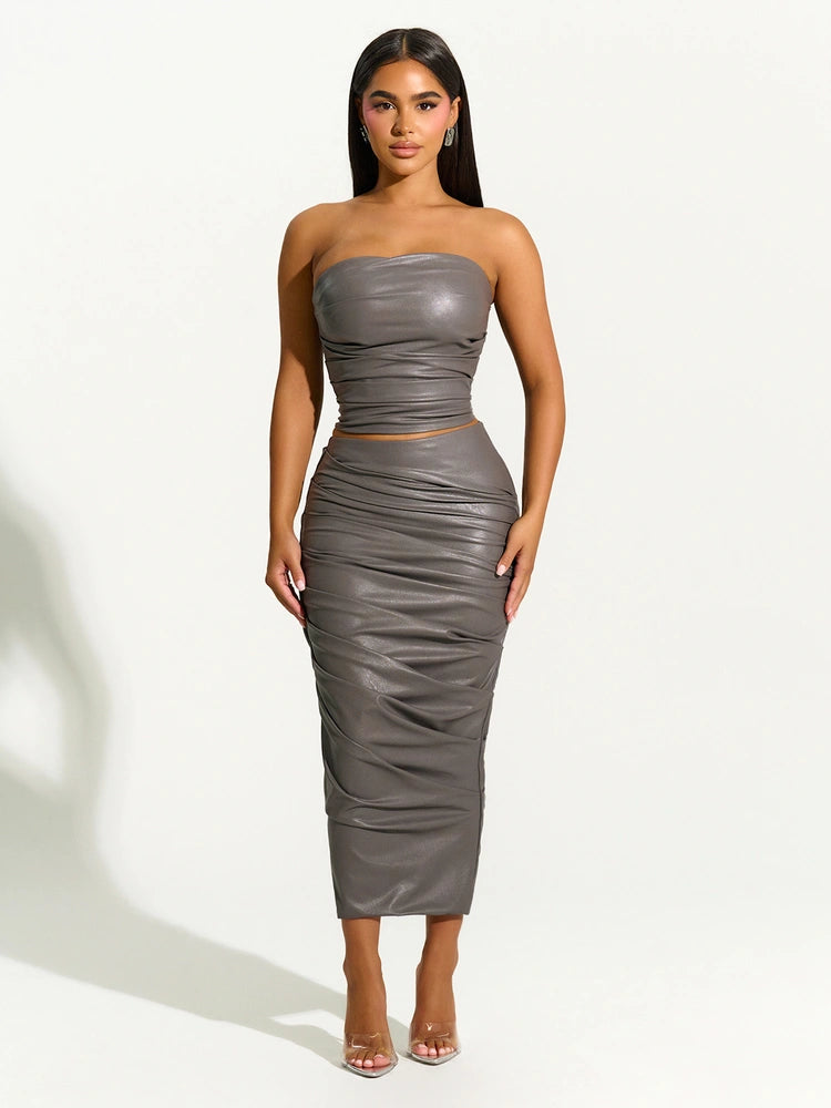 DARK GREY Pleated Leather Midi Skirt