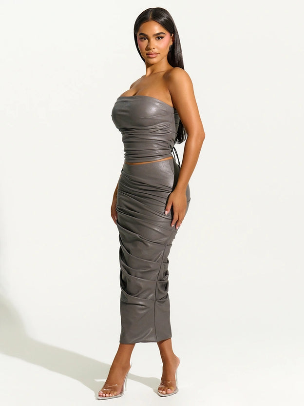 Pleated Leather Midi Skirt