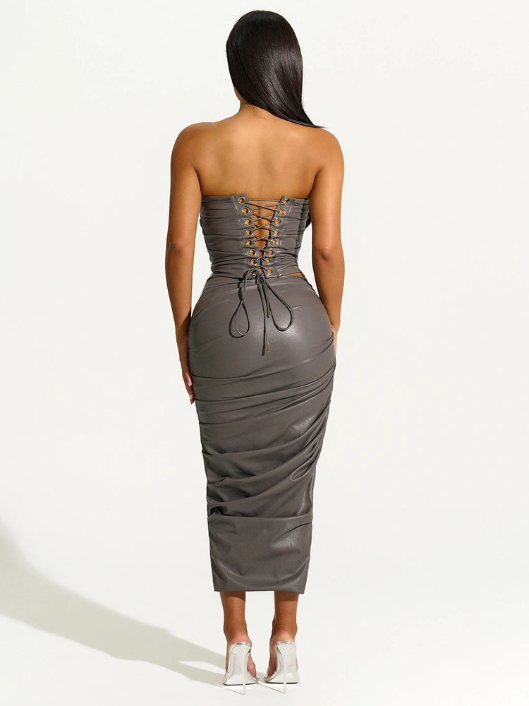 DARK GREY Pleated Leather Midi Skirt