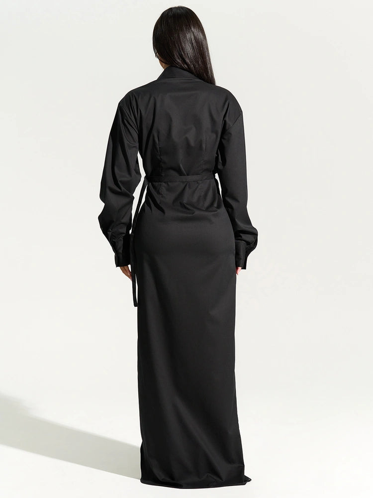BLACK V-Neck Shirting Maxi Dress