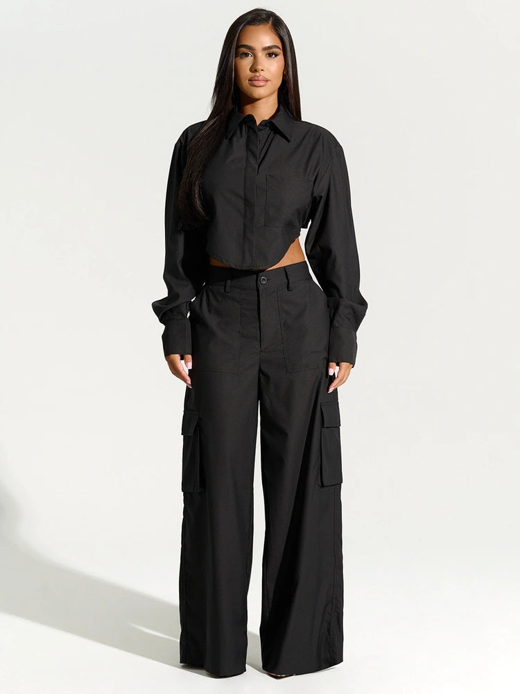 BLACK Shirting Cargo Wide Leg Pants