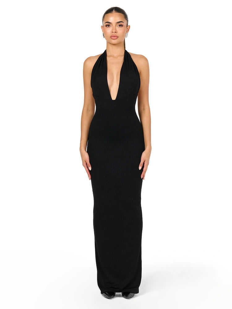 Black Butter Plunge Halter Maxi Dress