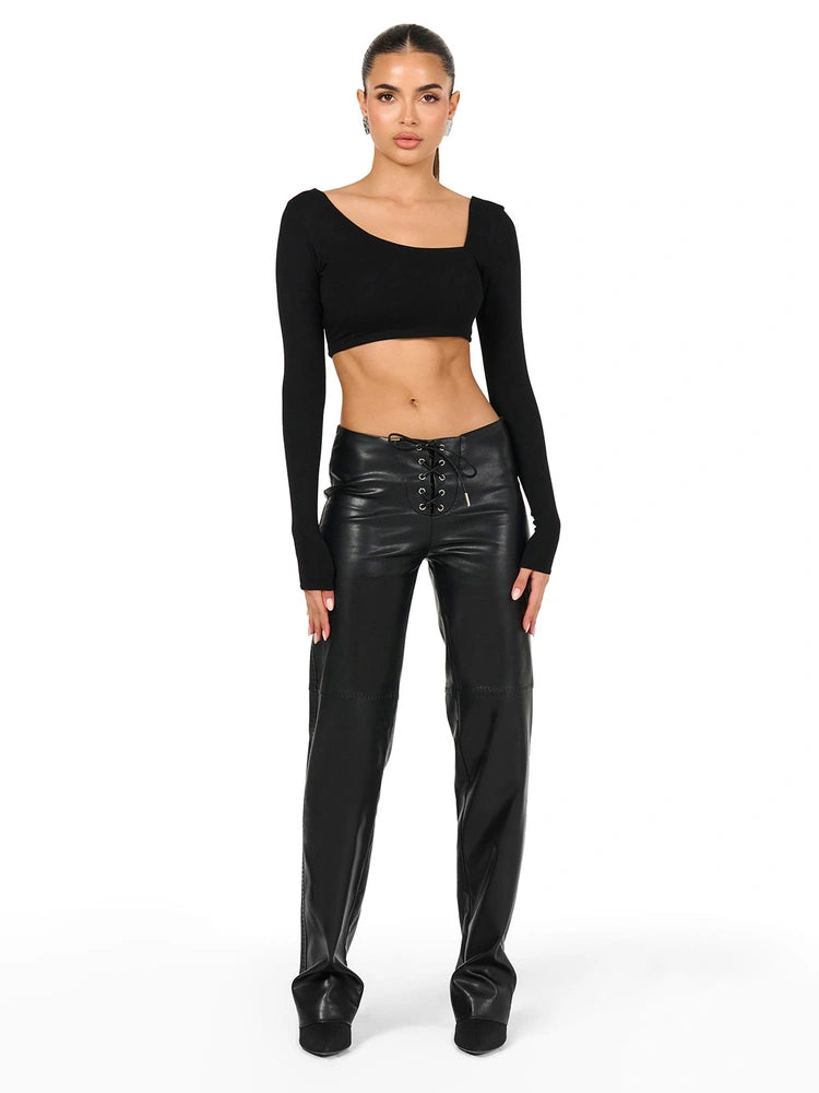 Black Vegan Leather Stitch Pant