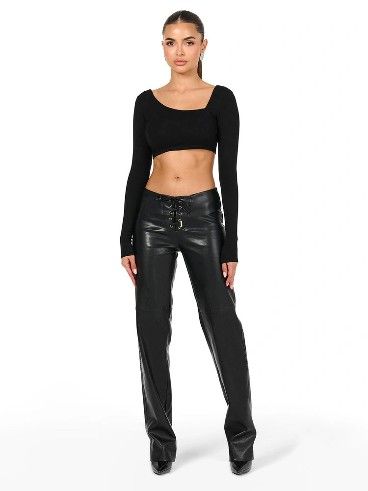 Black Vegan Leather Stitch Pant