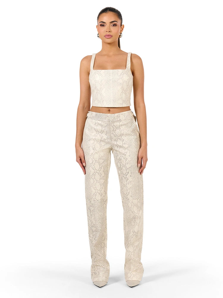 Cream Vegan Leather Snake Pant