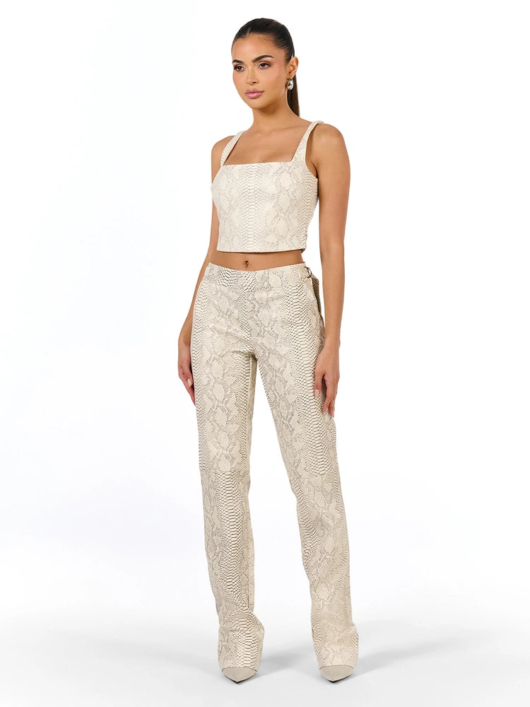 Cream Vegan Leather Snake Pant
