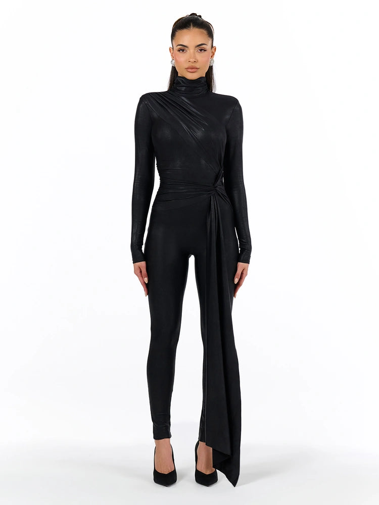 Black Drip Draped Jumpsuit