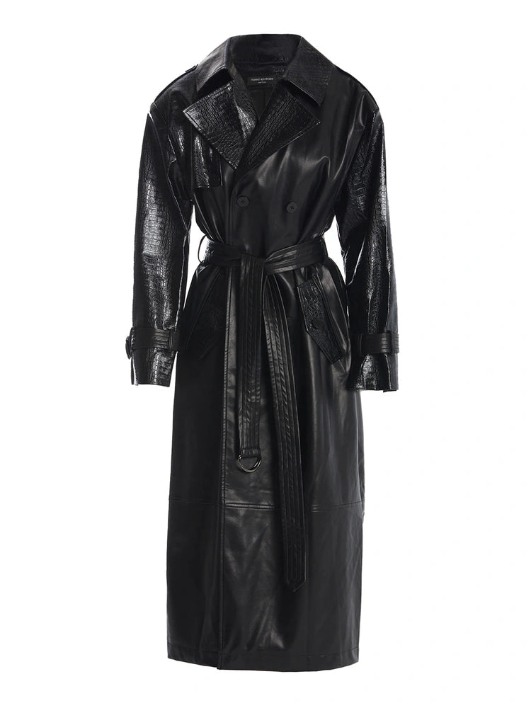 BLACK Vegan Leather Croc Coat